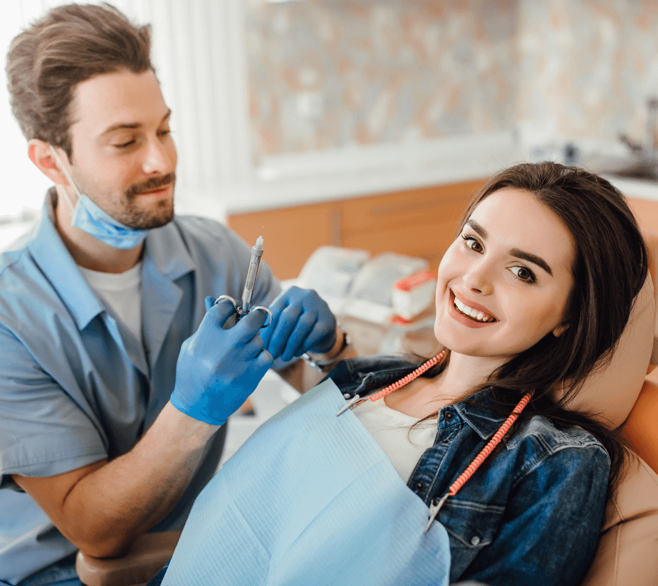 Book an appointment page illustration of a smiling patient sitting in a dental chair